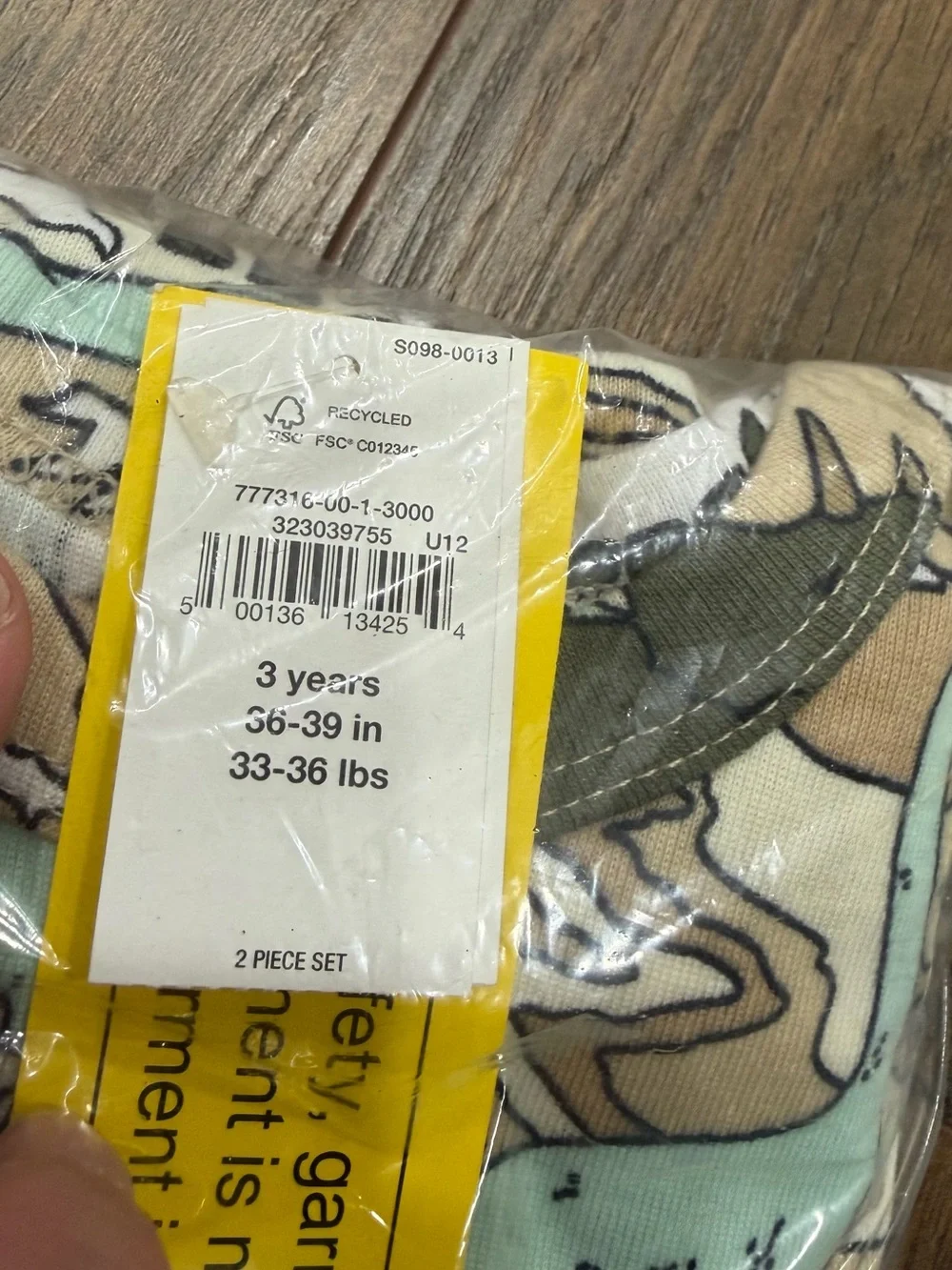 Baby Gap Organic Cotton Pajama Set, Size 3T, Dinosaur Print, Brown White, NEW